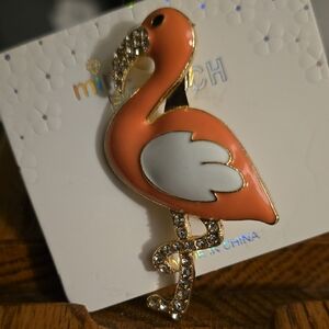 Mint Flamingo Brooch in Coral and White